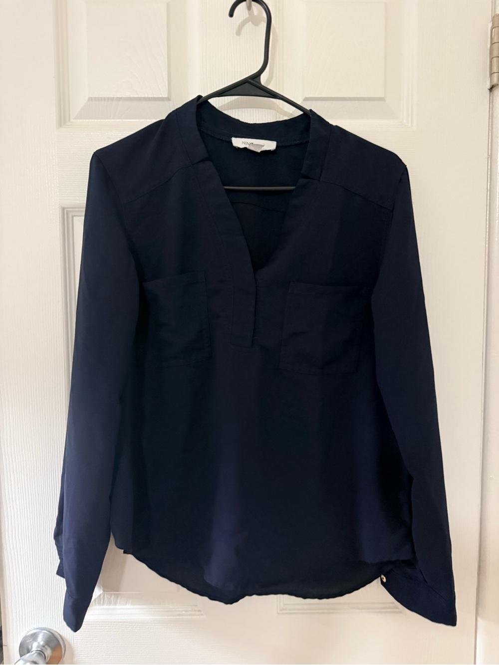 Nine West Navy Split-Neck Long-Sleeve Blouse